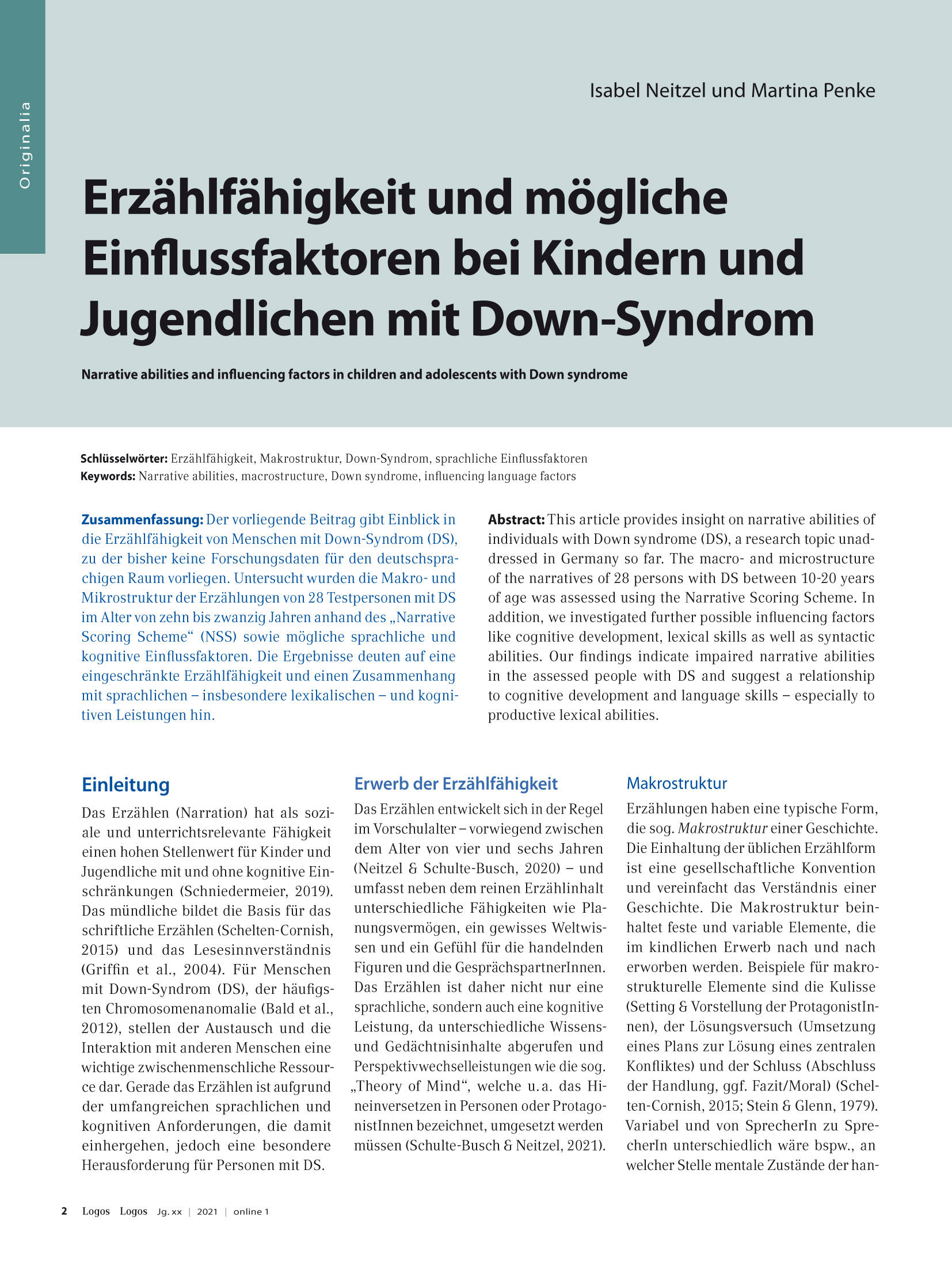 Erzählfähigkeit und mögliche Einflussfaktoren bei Kindern und Jugendlichen mit Down-Syndrom