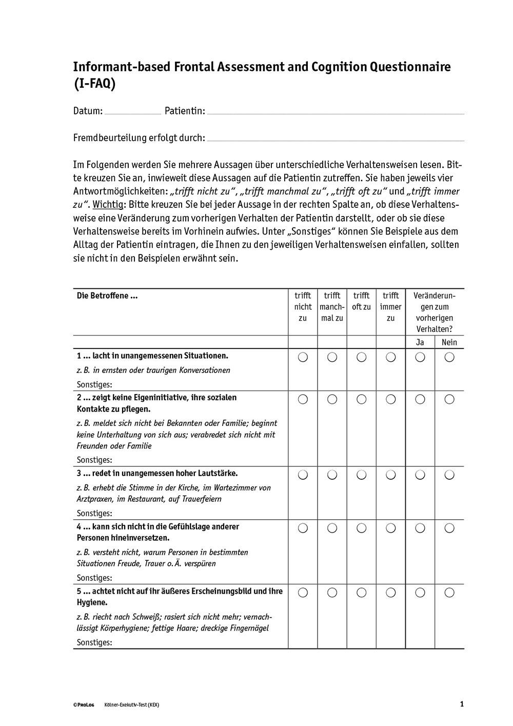 KEX – Kölner Exekutiv-Test - Auswertungsbogen Männlich/Weiblich (10 Stück)