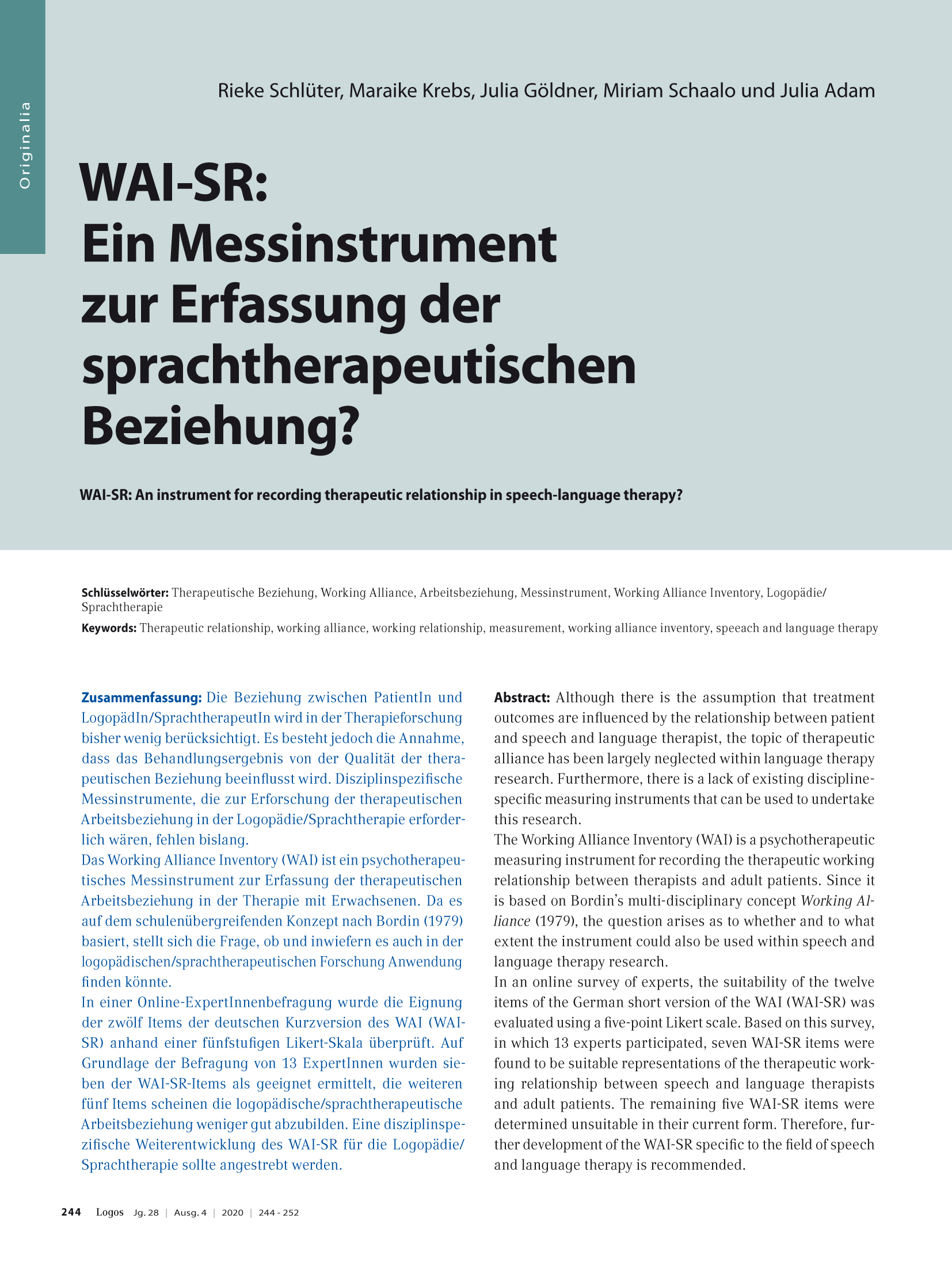 WAI-SR: Ein Messinstrument zur Erfassung der sprachtherapeutischen Beziehung?