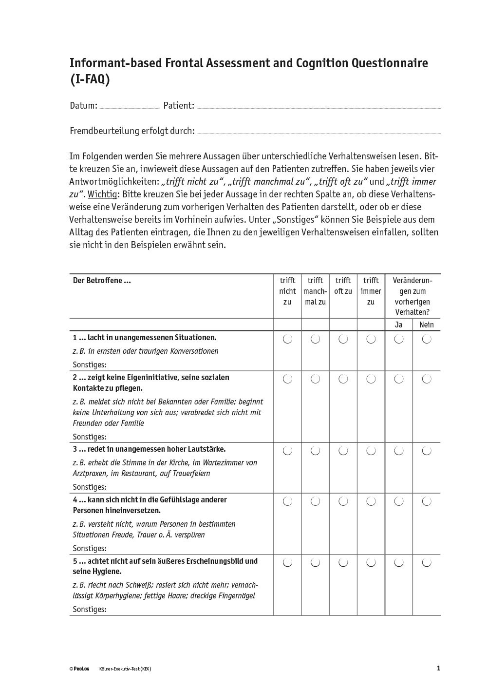 KEX – Kölner Exekutiv-Test - Auswertungsbogen Männlich/Weiblich (10 Stück)