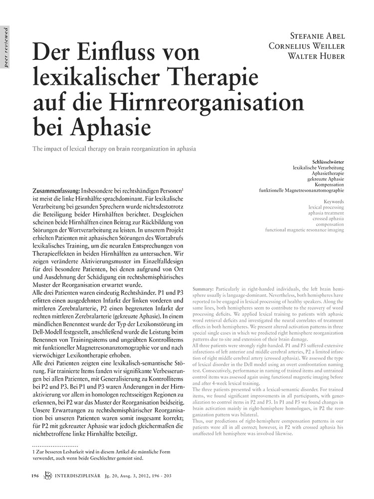 Der Einfluss Von Lexikalischer Therapie Auf Die Hirnreorganisation Bei Aphasie - 