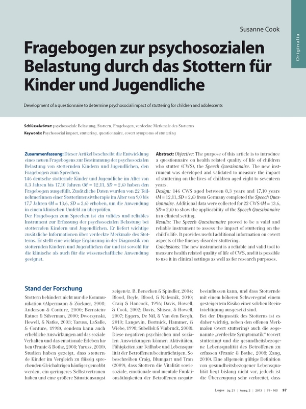 Fragebogen Zur Psychosozialen Belastung Durch Das Stottern Für Kinder Und Jugendliche Stottern 