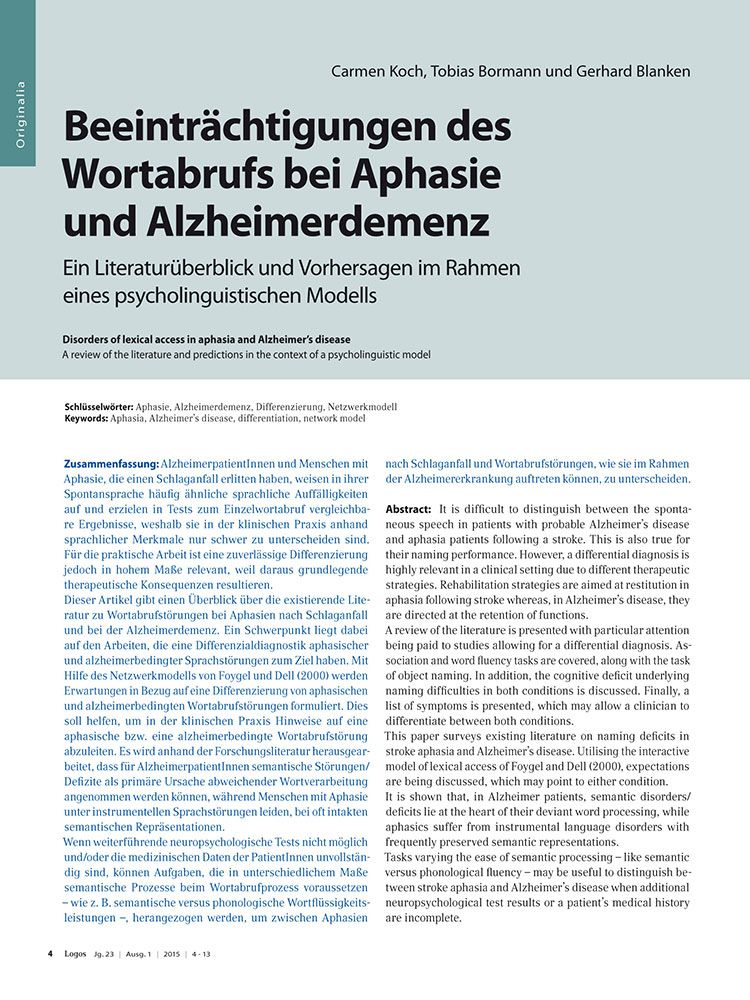 Beeinträchtigungen des Wortabrufs bei Aphasie und Alzheimerdemenz